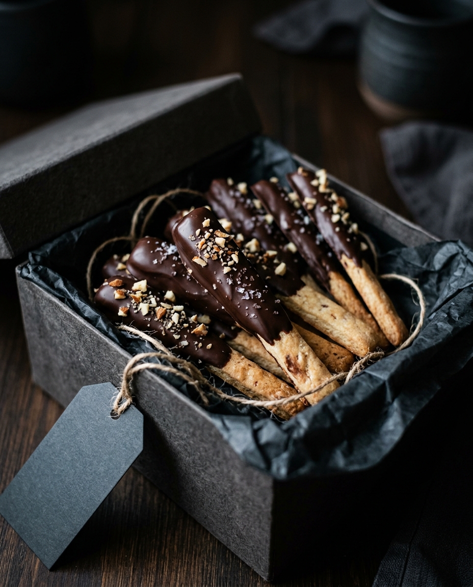 Photorealistic photo of chocolate dipped stick cookies in a gift box, close-up detail with shallow depth of field, moody dark tones, dramatic lighting, 4:5 aspect ratio