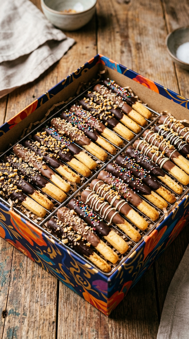 Cinematic film still of chocolate dipped stick cookies in a gift box, high-angle view from above, vivid colors, high contrast, energetic, 9:16 aspect ratio