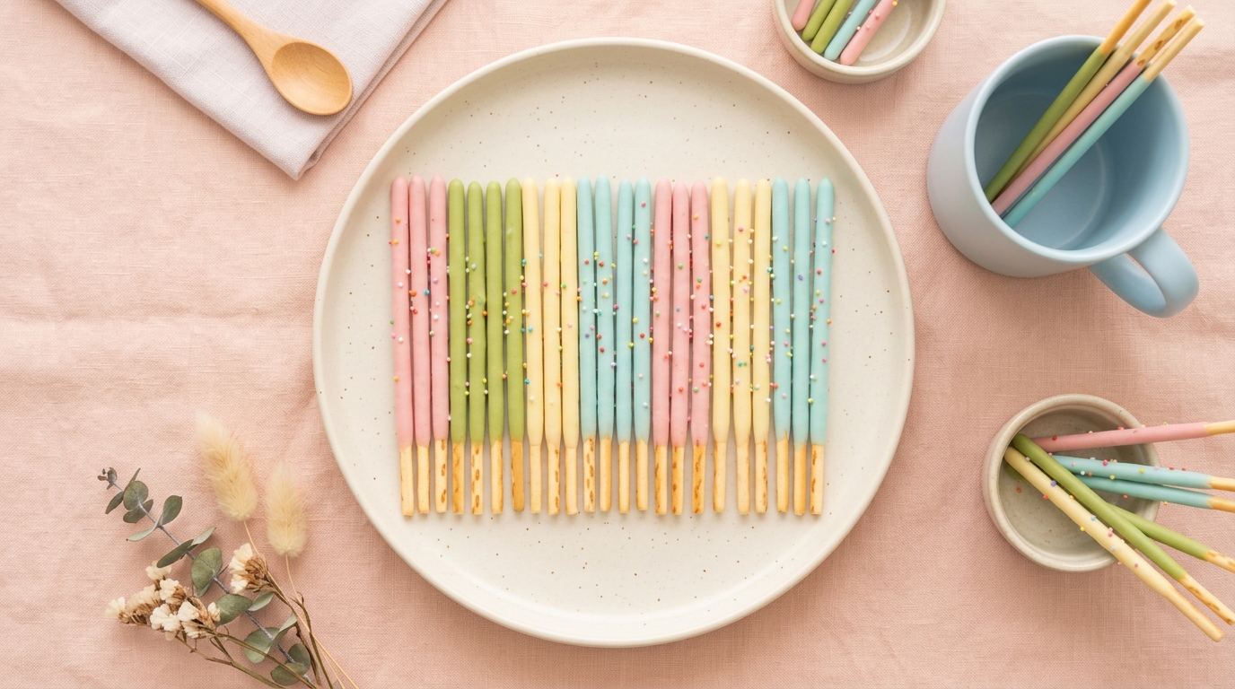 Minimal flat illustration of colorful chocolate coated stick cookies, high-angle view from above, soft pastel colors, bright and cozy, 16:9 aspect ratio