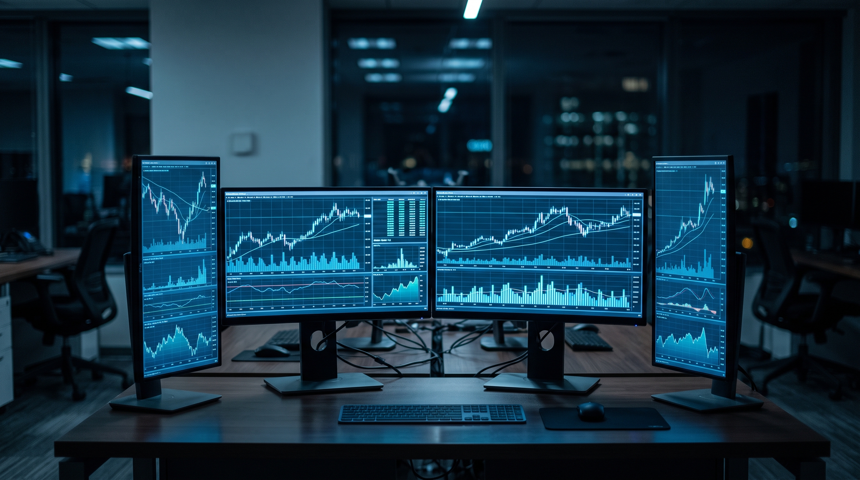 Photorealistic photo of stock market trading screens, centered subject with a simple uncluttered composition, cool blue tones, quiet atmosphere, 16:9 aspect ratio