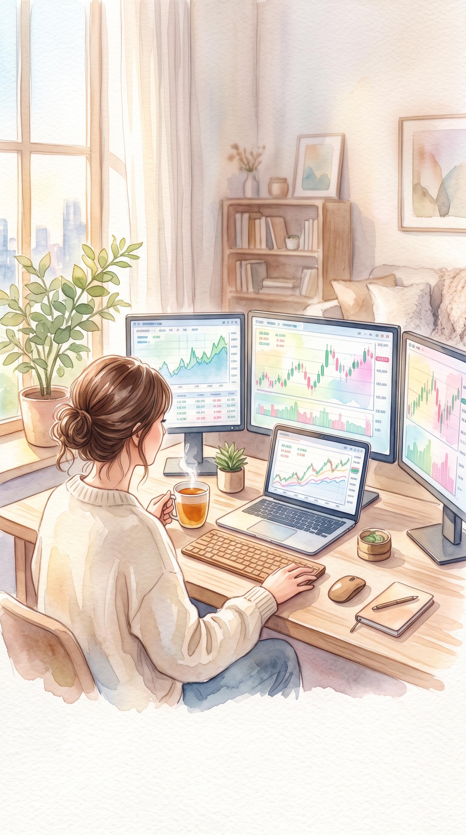 Watercolor illustration of stock market trading screens, centered subject with a simple uncluttered composition, soft pastel colors, bright and cozy, 9:16 aspect ratio