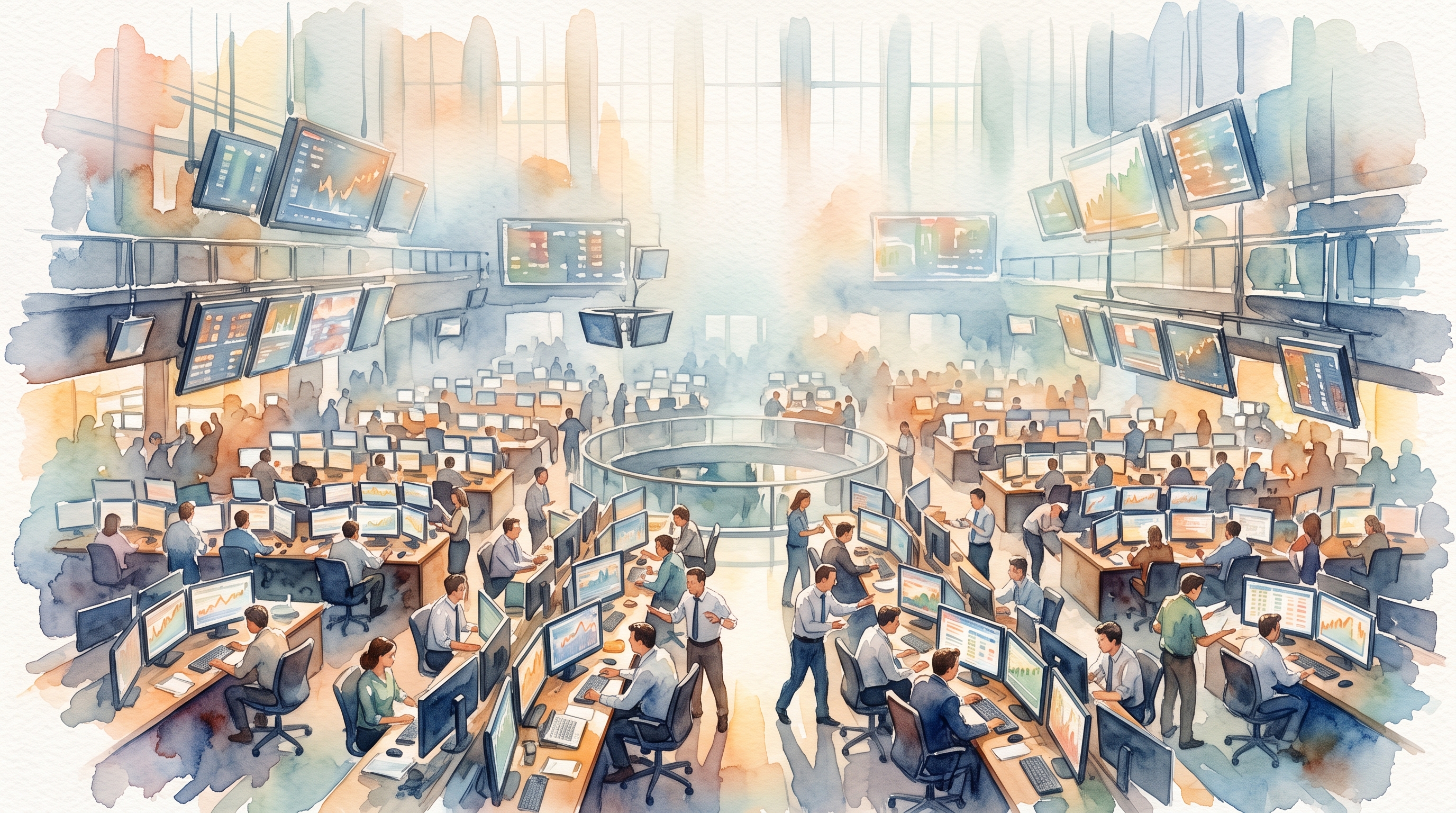 Watercolor illustration of stock market trading screens, wide shot with open space at the top for text, misty morning haze, dreamy, 16:9 aspect ratio