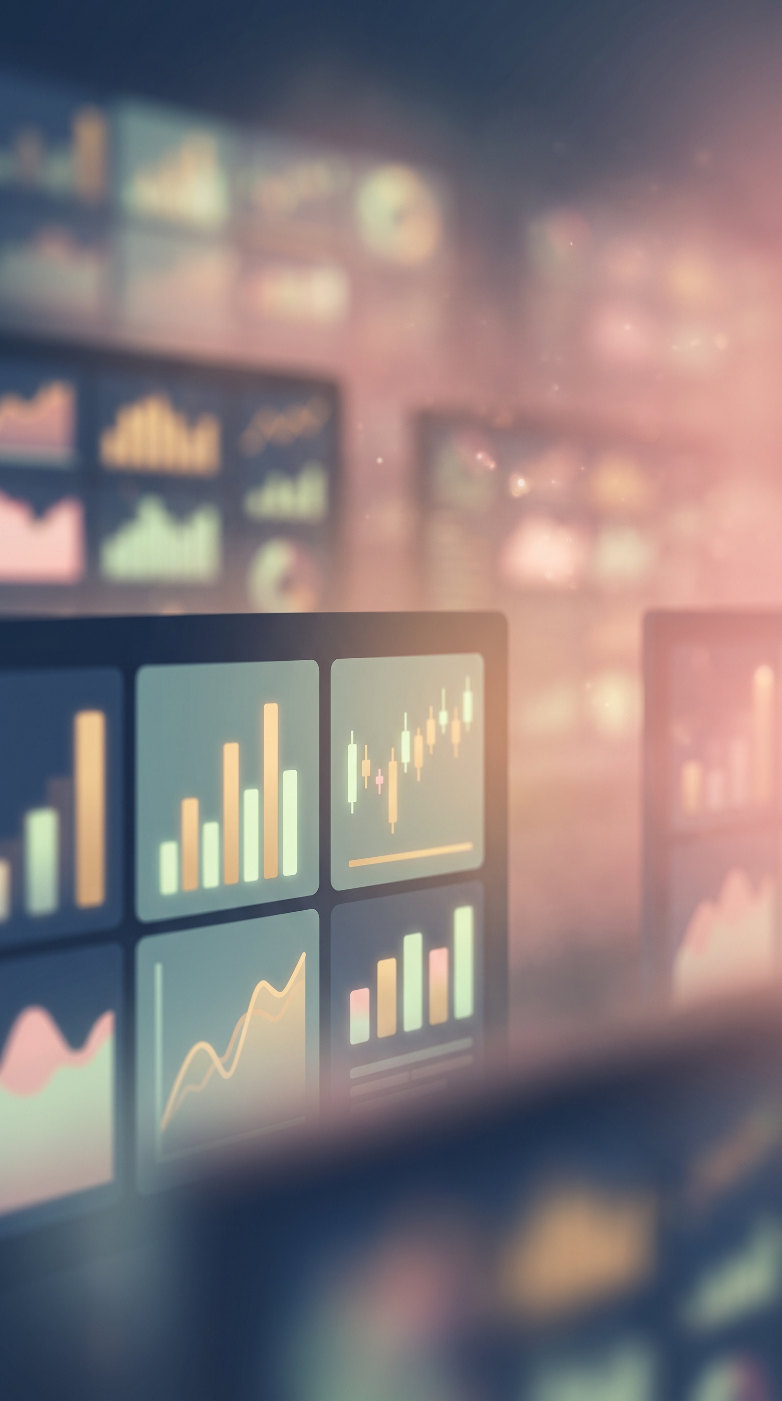 Minimal flat illustration of stock market trading screens, close-up detail with shallow depth of field, misty morning haze, dreamy, 9:16 aspect ratio