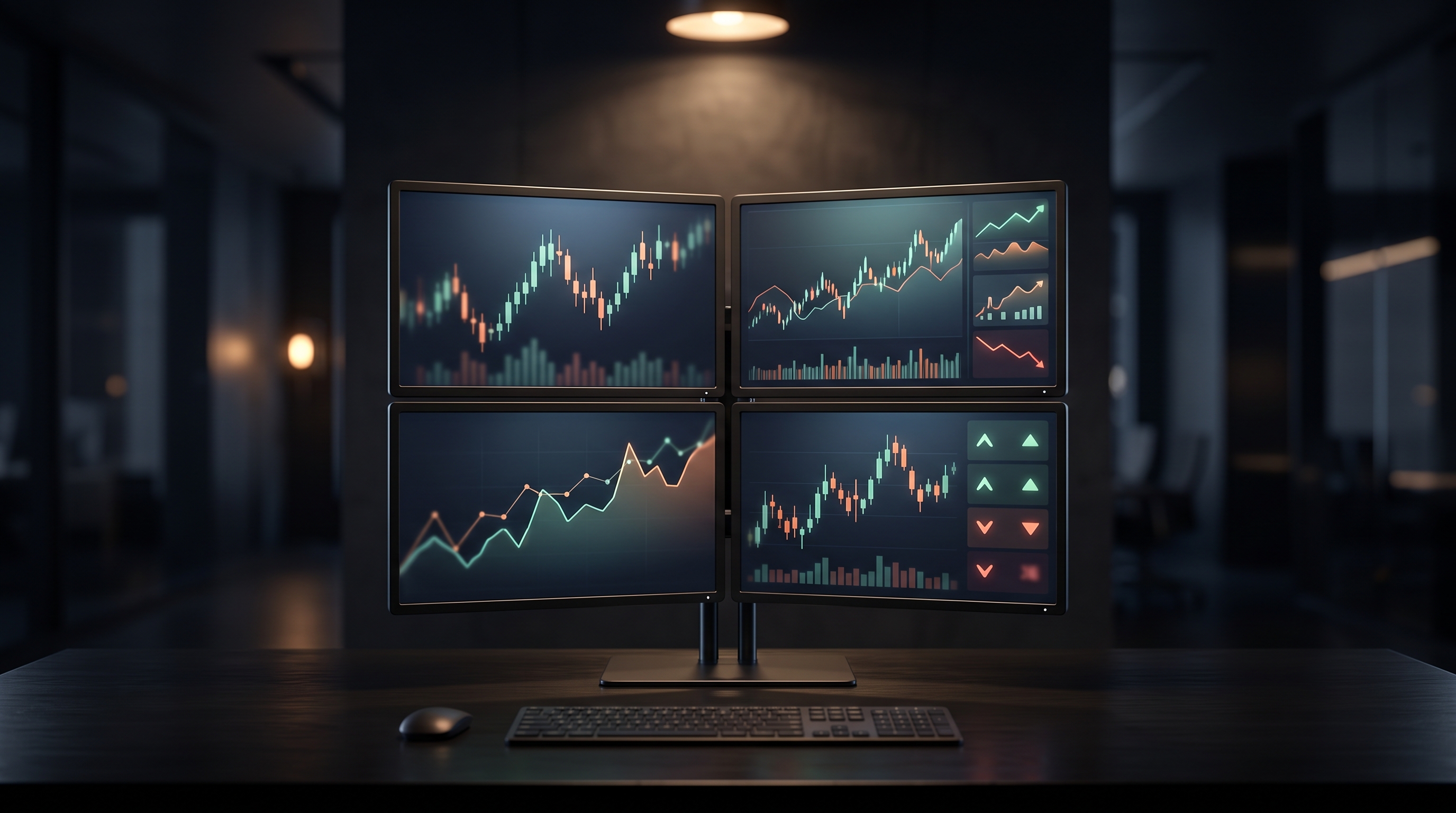 Soft 3d render of stock market trading screens, centered subject with a simple uncluttered composition, moody dark tones, dramatic lighting, 16:9 aspect ratio