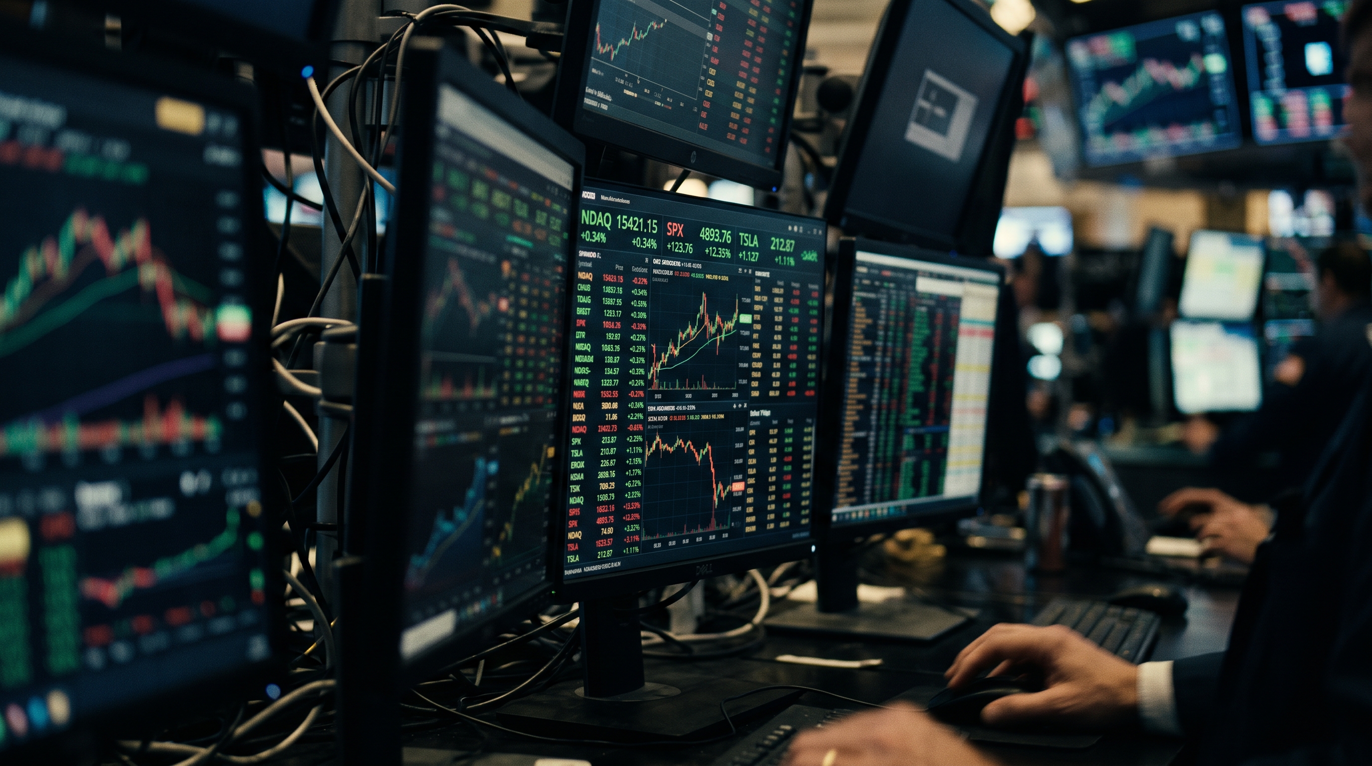 Cinematic film still of stock market trading screens, close-up detail with shallow depth of field, moody dark tones, dramatic lighting, 16:9 aspect ratio