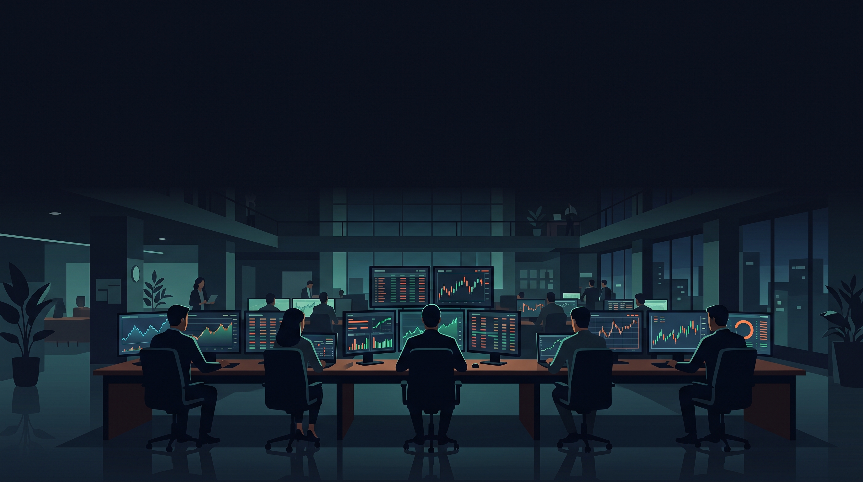 Minimal flat illustration of stock market trading screens, wide shot with open space at the top for text, moody dark tones, dramatic lighting, 16:9 aspect ratio