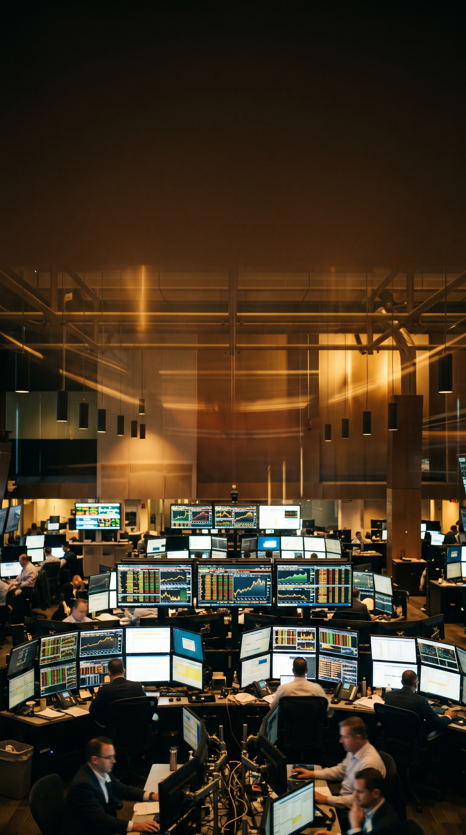 Cinematic film still of stock market trading screens, wide shot with open space at the top for text, warm golden light, calm mood, 9:16 aspect ratio