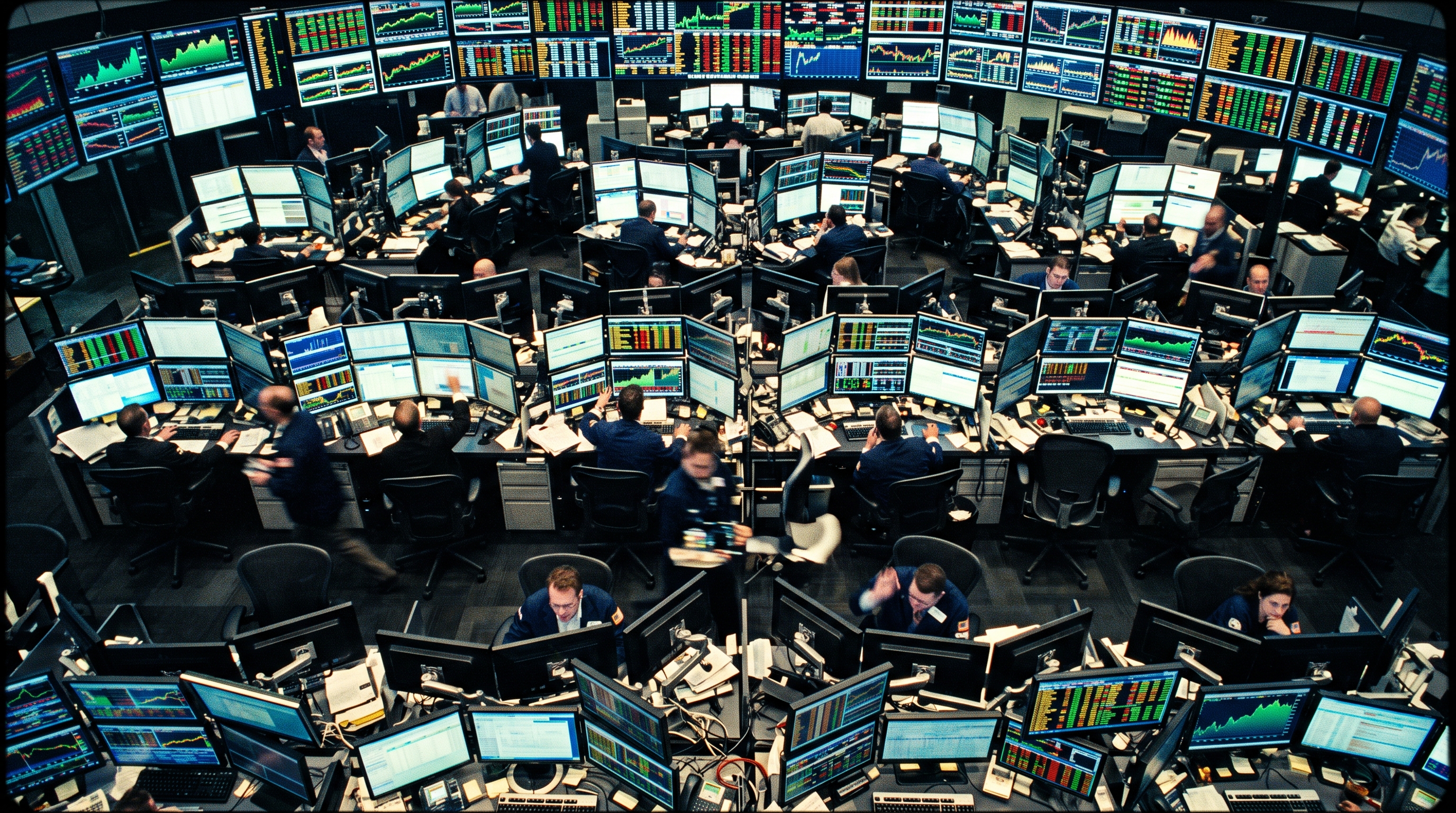 Cinematic film still of stock market trading screens, high-angle view from above, vivid colors, high contrast, energetic, 16:9 aspect ratio