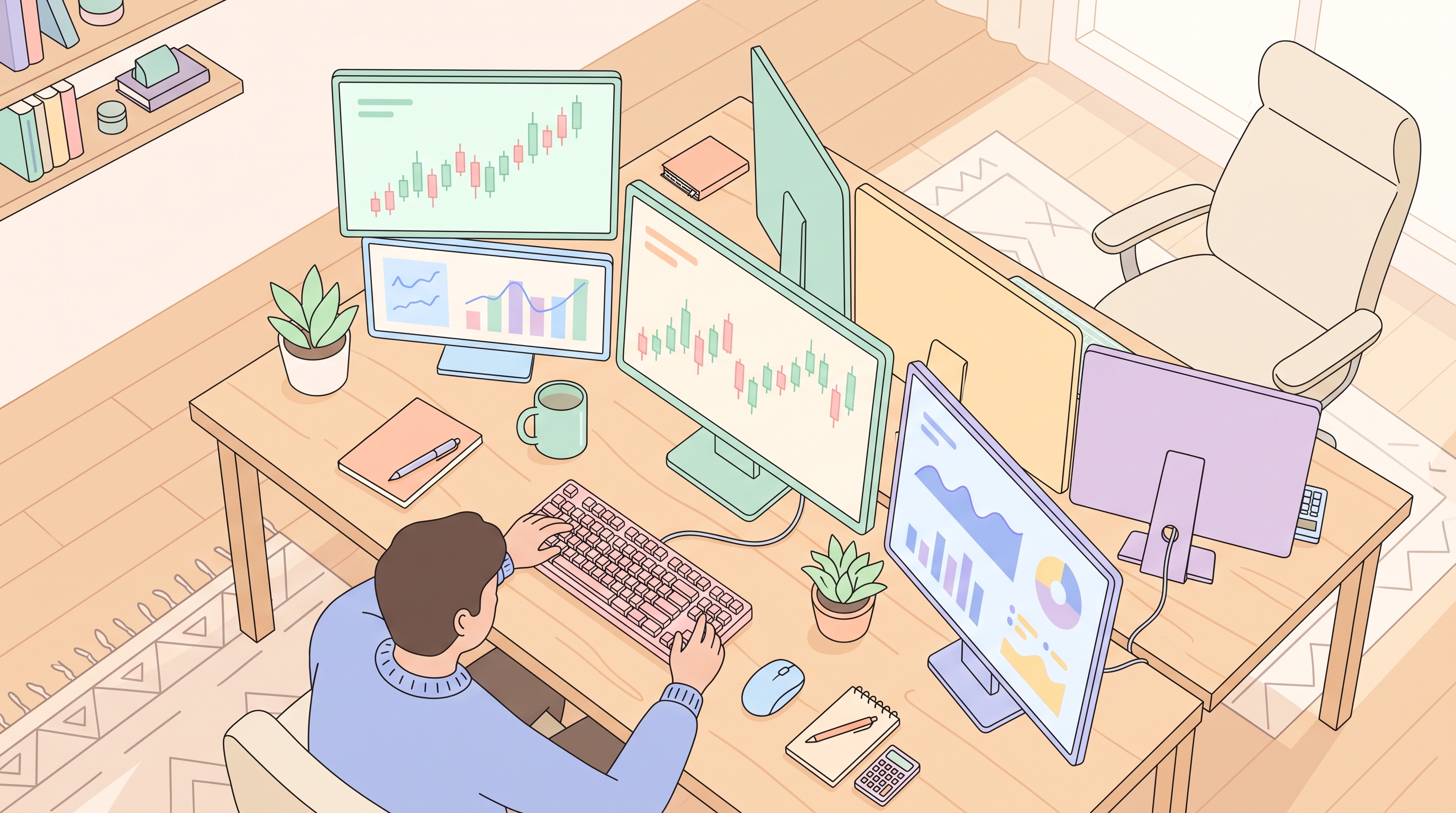 Minimal flat illustration of stock market trading screens, high-angle view from above, soft pastel colors, bright and cozy, 16:9 aspect ratio