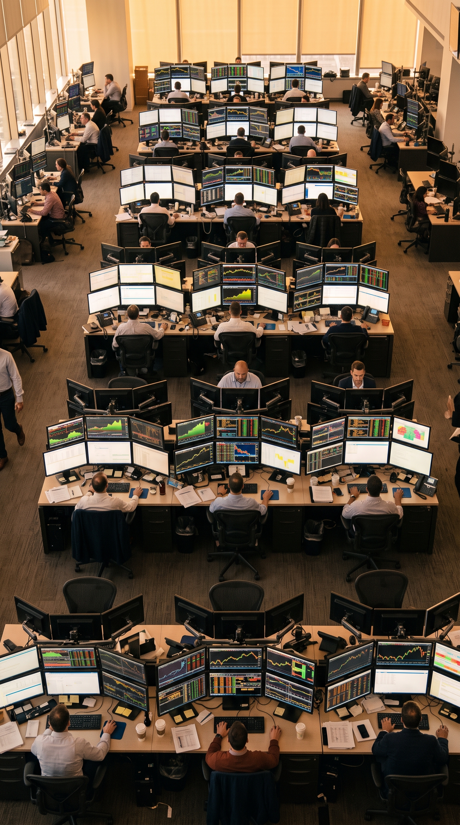 Photorealistic photo of stock market trading screens, high-angle view from above, warm golden light, calm mood, 9:16 aspect ratio