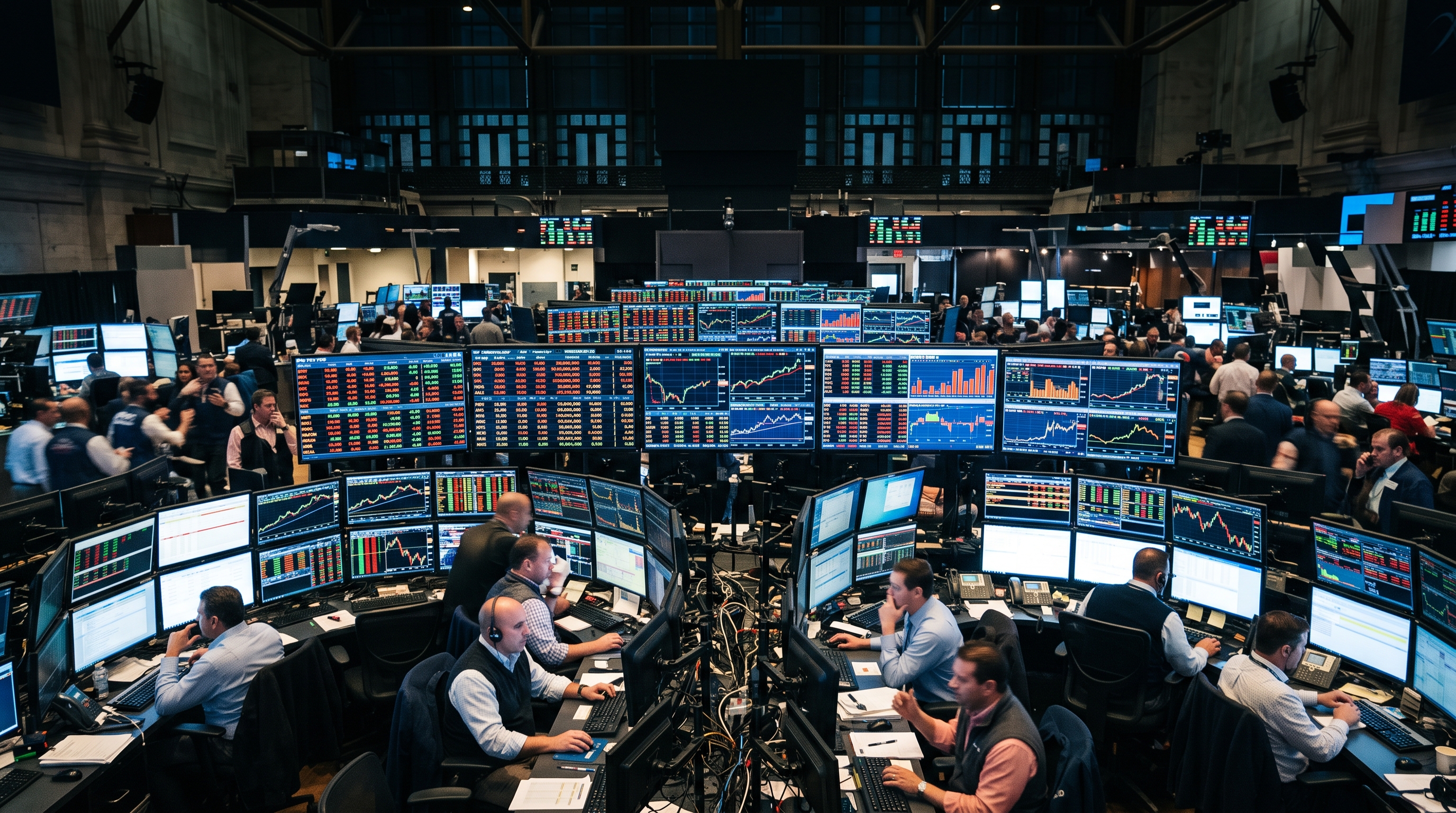 Photorealistic photo of stock market trading screens, wide shot with open space at the top for text, vivid colors, high contrast, energetic, 16:9 aspect ratio