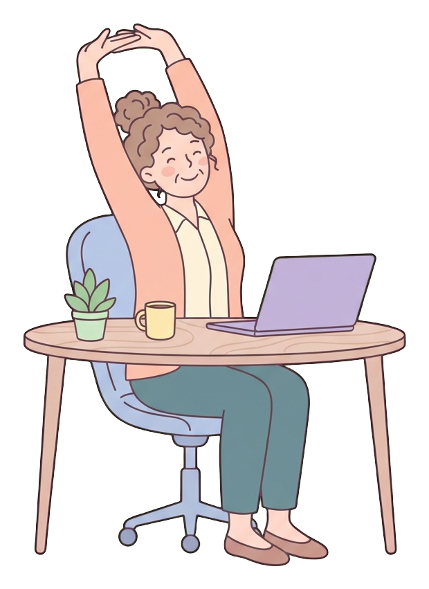 Simple cute flat cartoon illustration with soft pastel colors and thin clean dark outlines of a middle-aged woman, office worker stretching arms up at a desk, transparent background PNG