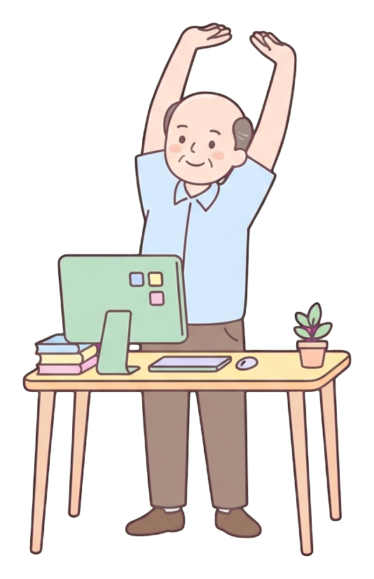 Simple cute flat cartoon illustration with soft pastel colors and thin clean dark outlines of a middle-aged man, office worker stretching arms up at a desk, transparent background PNG