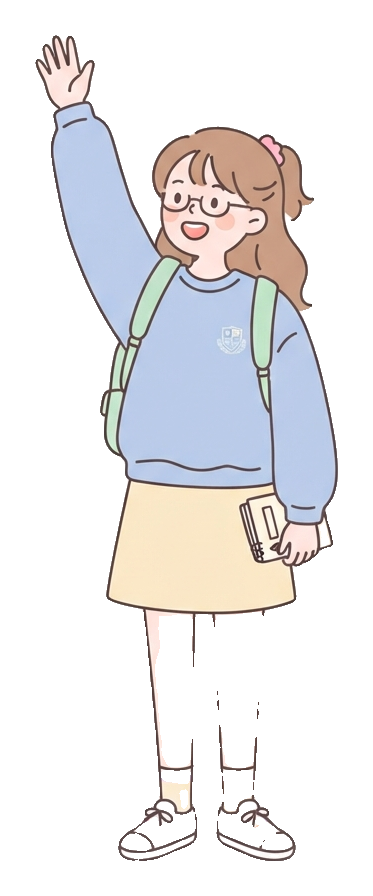 Simple cute flat cartoon illustration with soft pastel colors and thin clean dark outlines of a university student woman, student raising a hand eagerly to answer a question, transparent background PNG
