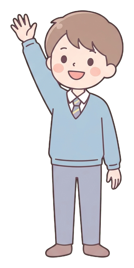 Simple cute flat cartoon illustration with soft pastel colors and thin clean dark outlines of a high school boy, student raising a hand eagerly to answer a question, transparent background PNG