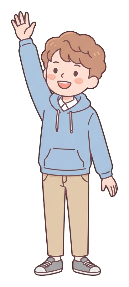 Simple cute flat cartoon illustration with soft pastel colors and thin clean dark outlines of a university student man, student raising a hand eagerly to answer a question, transparent background PNG