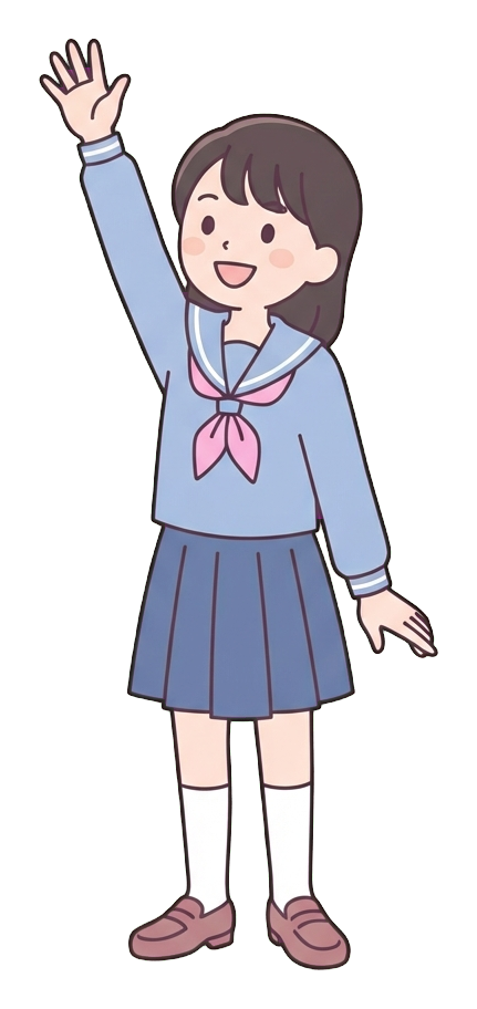 Simple cute flat cartoon illustration with soft pastel colors and thin clean dark outlines of a high school girl, student raising a hand eagerly to answer a question, transparent background PNG