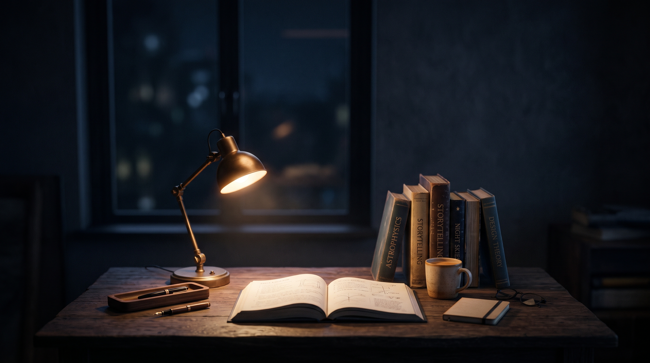 Soft 3d render of desk with books and a warm lamp for studying at night, wide shot with open space at the top for text, moody dark tones, dramatic lighting, 16:9 aspect ratio