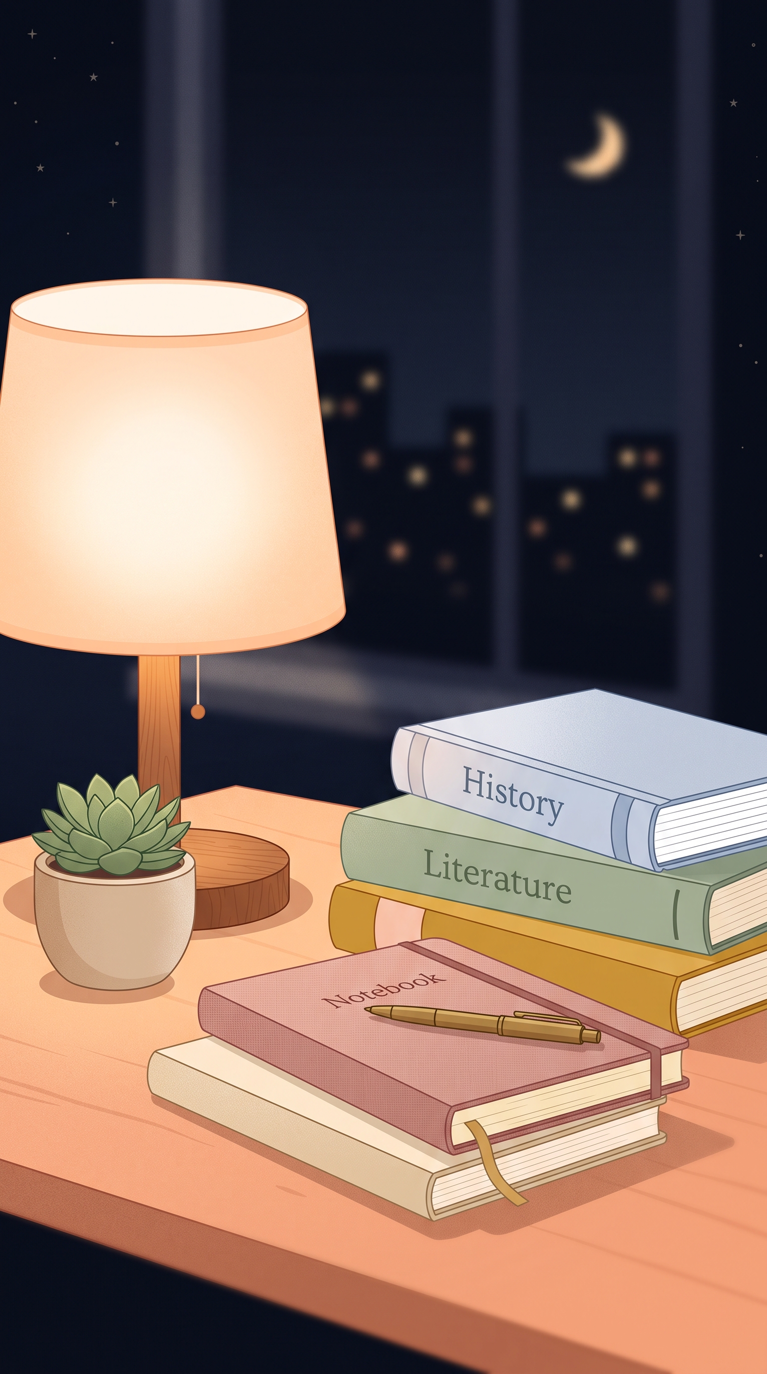Minimal flat illustration of desk with books and a warm lamp for studying at night, close-up detail with shallow depth of field, soft pastel colors, bright and cozy, 9:16 aspect ratio