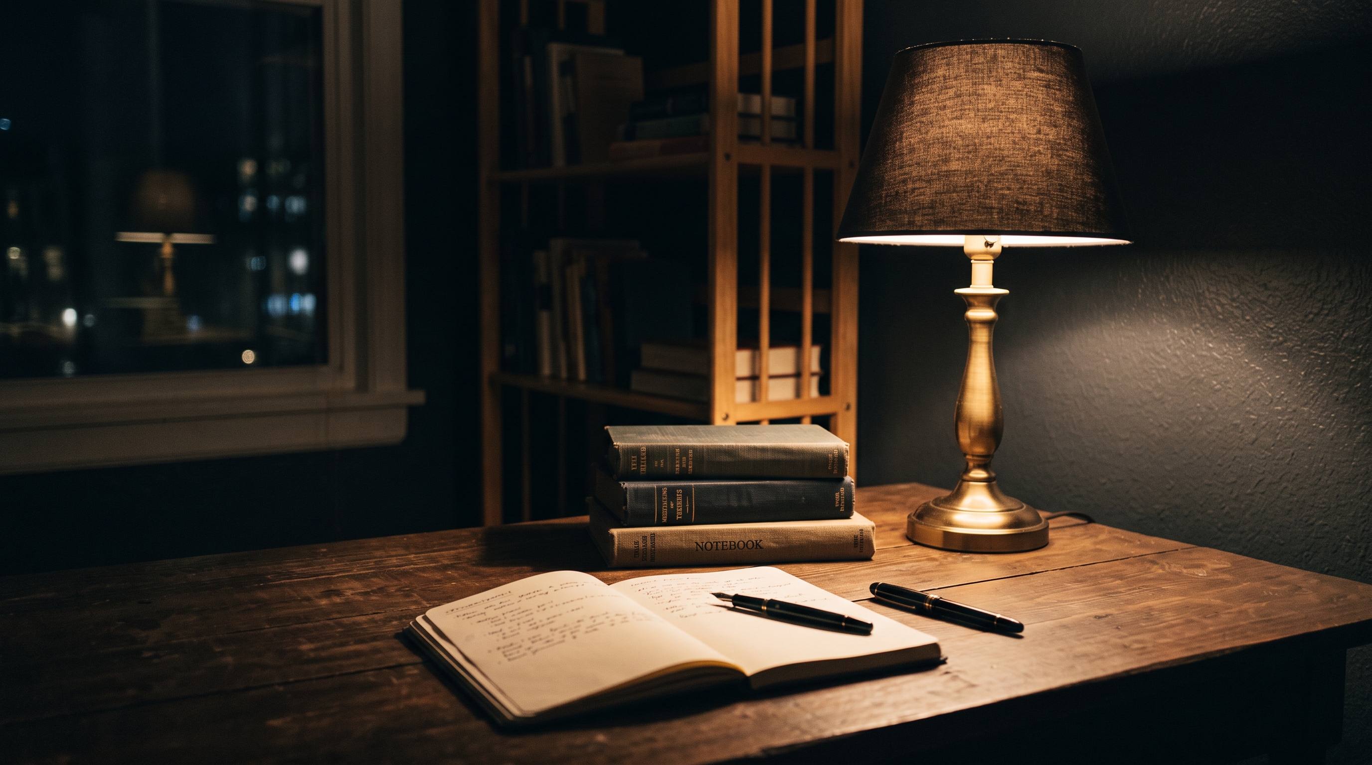 Photorealistic photo of desk with books and a warm lamp for studying at night, centered subject with a simple uncluttered composition, moody dark tones, dramatic lighting, 16:9 aspect ratio