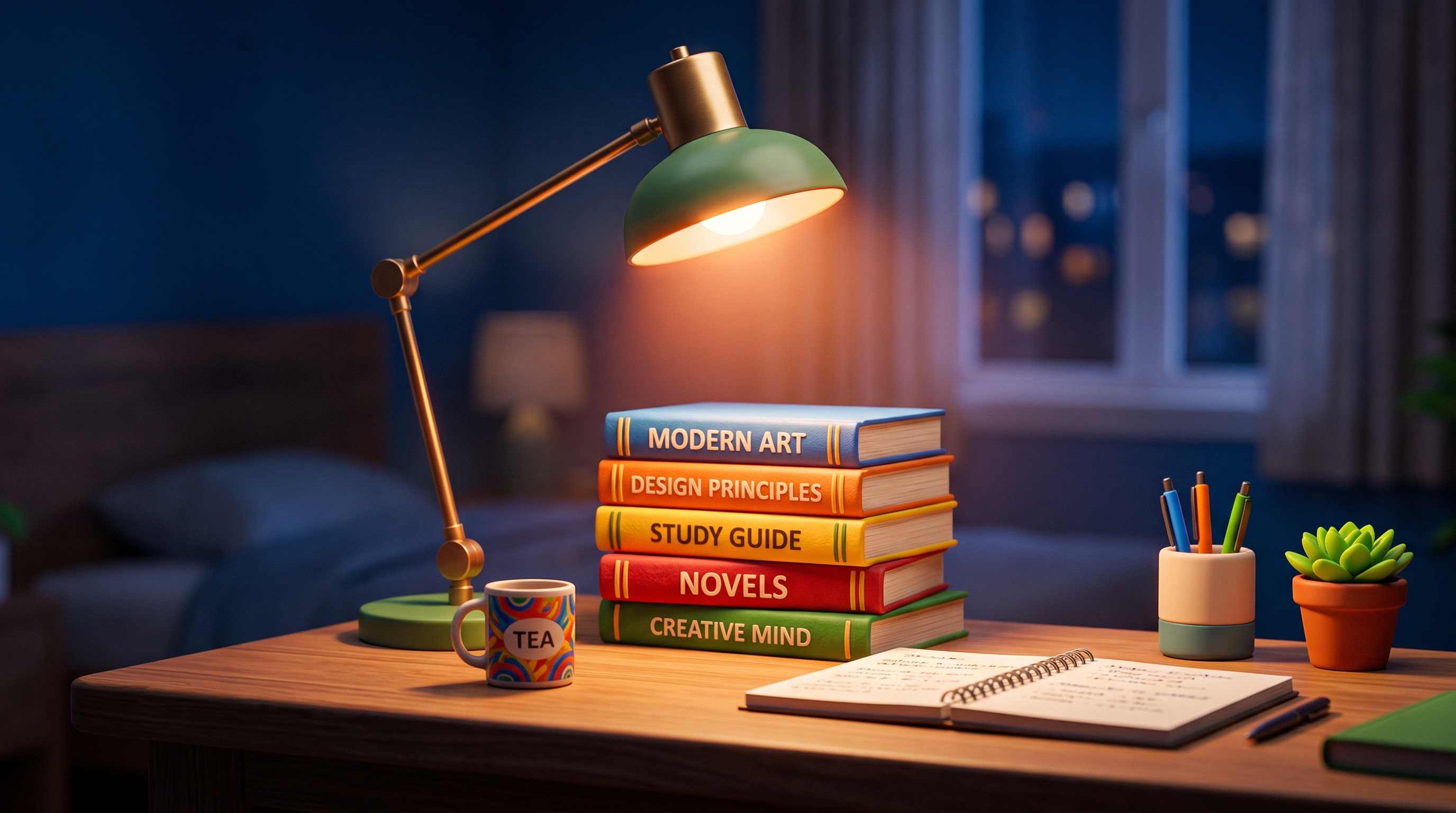 Soft 3d render of desk with books and a warm lamp for studying at night, centered subject with a simple uncluttered composition, vivid colors, high contrast, energetic, 16:9 aspect ratio