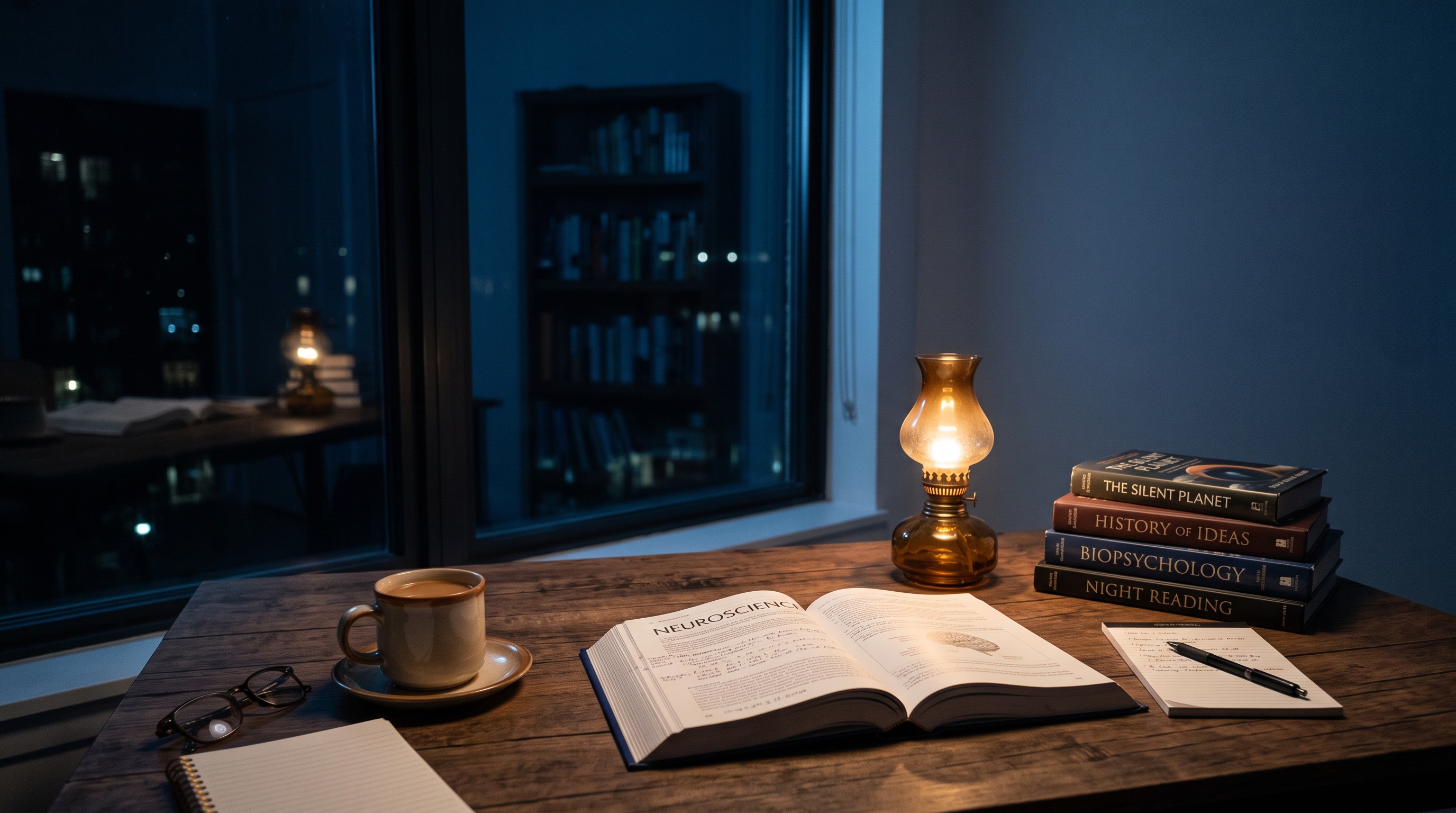 Photorealistic photo of desk with books and a warm lamp for studying at night, wide shot with open space at the top for text, cool blue tones, quiet atmosphere, 16:9 aspect ratio