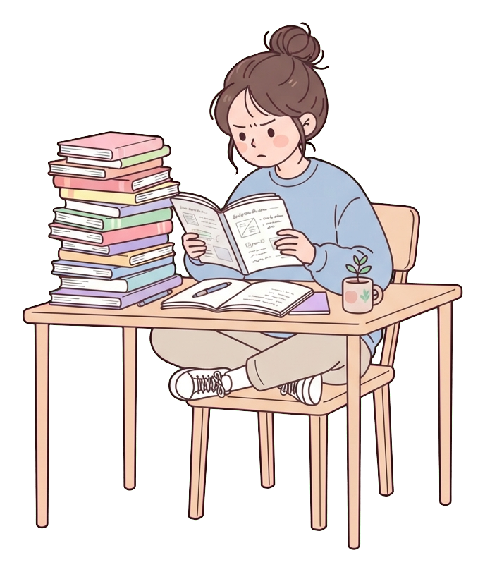 Simple cute flat cartoon illustration with soft pastel colors and thin clean dark outlines of a university student woman, student studying hard at a desk with a pile of books, transparent background PNG