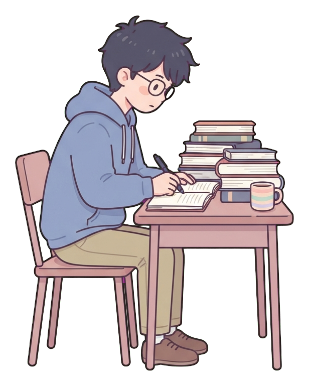 Simple cute flat cartoon illustration with soft pastel colors and thin clean dark outlines of a university student man, student studying hard at a desk with a pile of books, transparent background PNG
