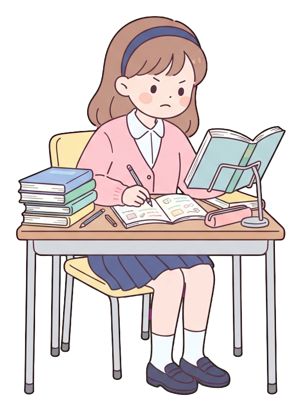 Simple cute flat cartoon illustration with soft pastel colors and thin clean dark outlines of a high school girl, student studying hard at a desk with a pile of books, transparent background PNG
