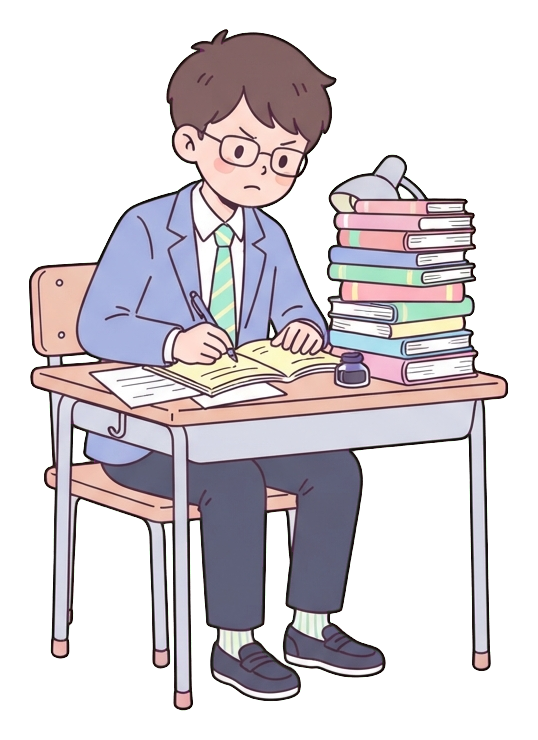 Simple cute flat cartoon illustration with soft pastel colors and thin clean dark outlines of a high school boy, student studying hard at a desk with a pile of books, transparent background PNG