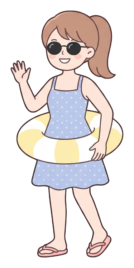 Ilustración de dibujos animados plana, simple y linda, con colores pastel suaves y contornos oscuros limpios y finos de una mujer joven, una persona con ropa de verano, un flotador y gafas de sol, PNG con fondo transparente