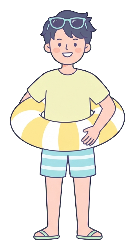 Ilustração de desenho animado plana, simples e fofa, com cores pastel suaves e contornos escuros limpos e finos de um homem jovem, pessoa com roupas de verão, boia e óculos de sol, fundo transparente PNG