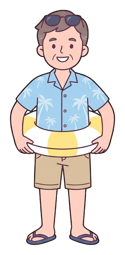 Simple cute flat cartoon illustration with soft pastel colors and thin clean dark outlines of a middle-aged man, person in summer clothes with a swim ring and sunglasses, transparent background PNG