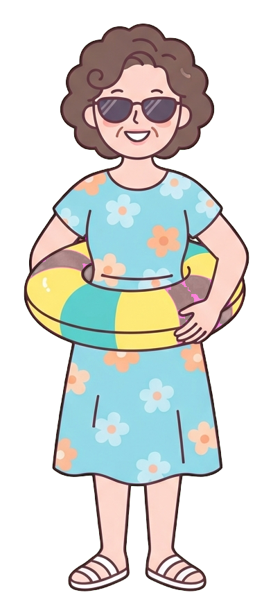 Ilustración de dibujos animados plana, simple y linda, con colores pastel suaves y contornos oscuros limpios y finos de una mujer de mediana edad, una persona con ropa de verano, un flotador y gafas de sol, PNG con fondo transparente
