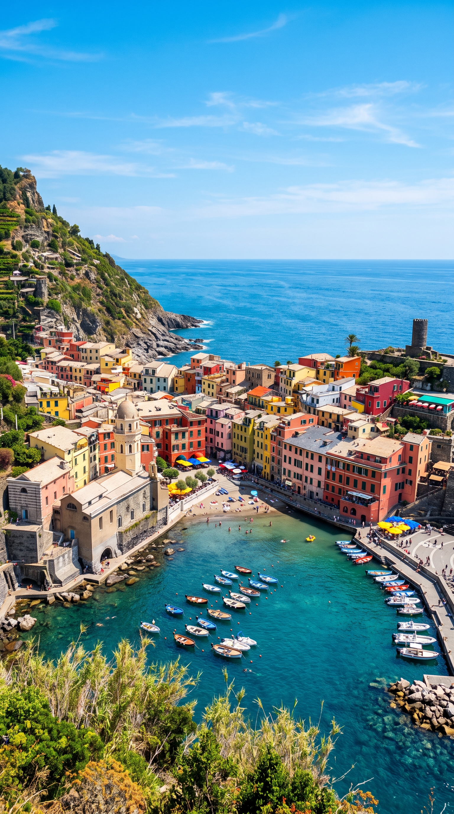 Photorealistic photo of small seaside town under a clear blue summer sky, high-angle view from above, vivid colors, high contrast, energetic, 9:16 aspect ratio