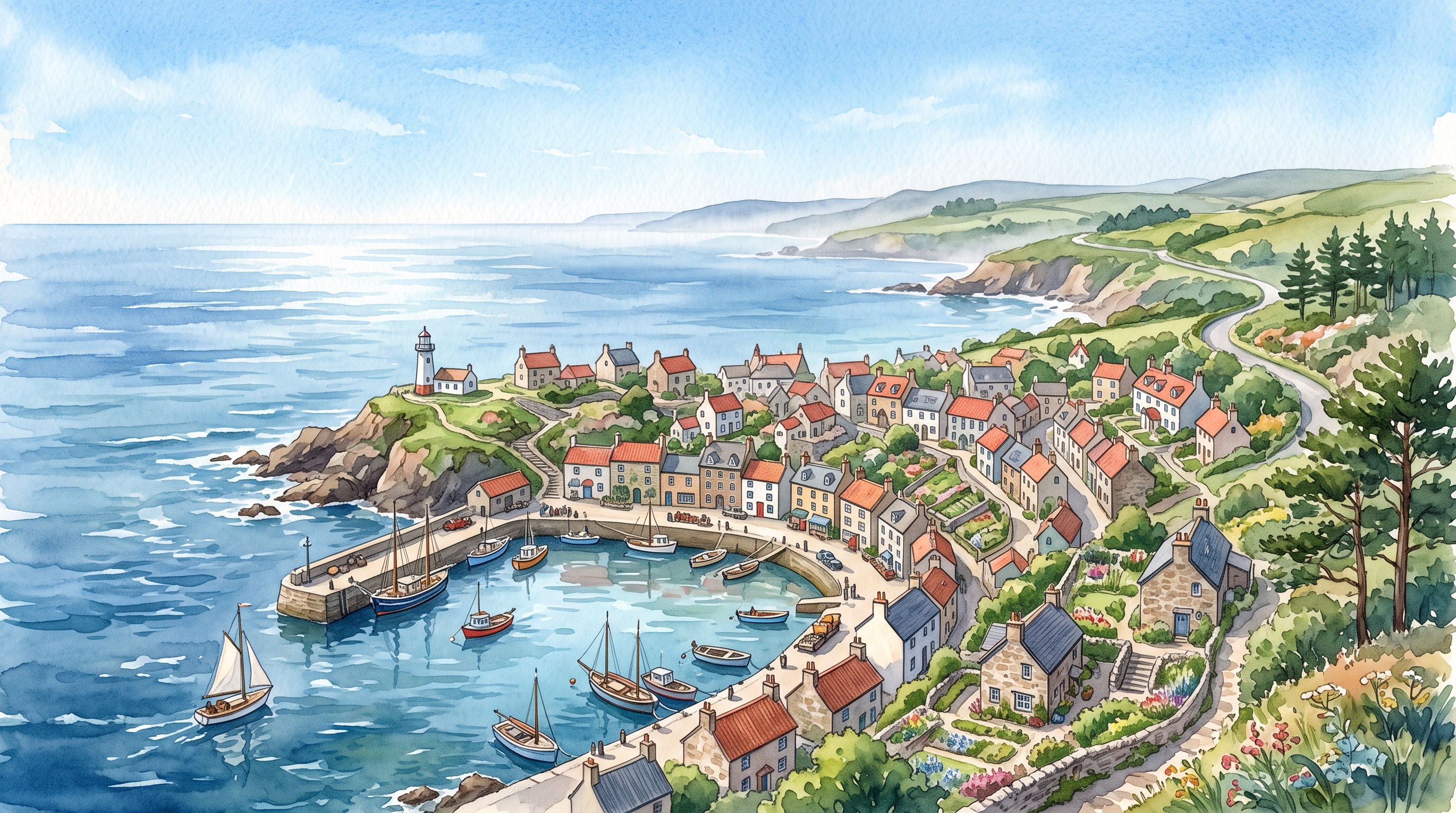 Watercolor illustration of small seaside town under a clear blue summer sky, high-angle view from above, misty morning haze, dreamy, 16:9 aspect ratio