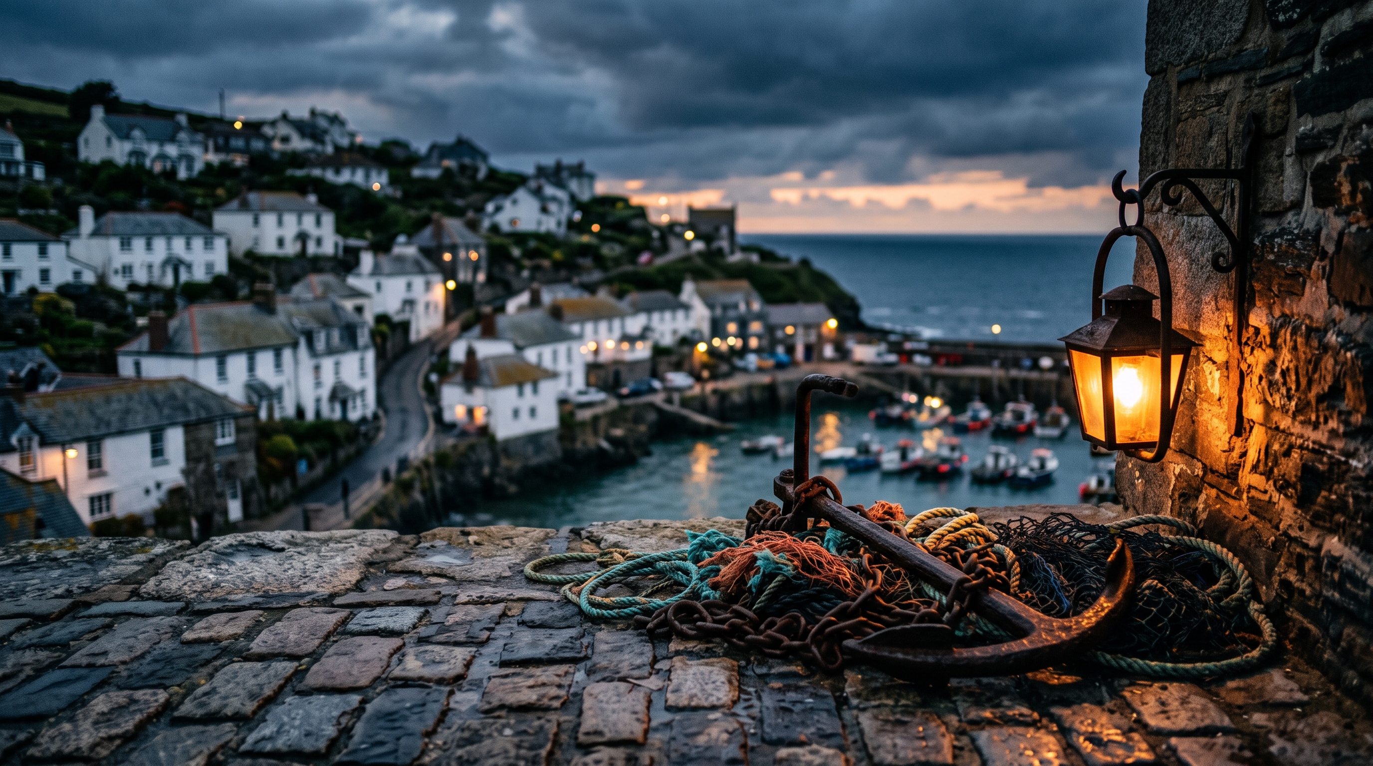 Photorealistic photo of small seaside town under a clear blue summer sky, close-up detail with shallow depth of field, moody dark tones, dramatic lighting, 16:9 aspect ratio