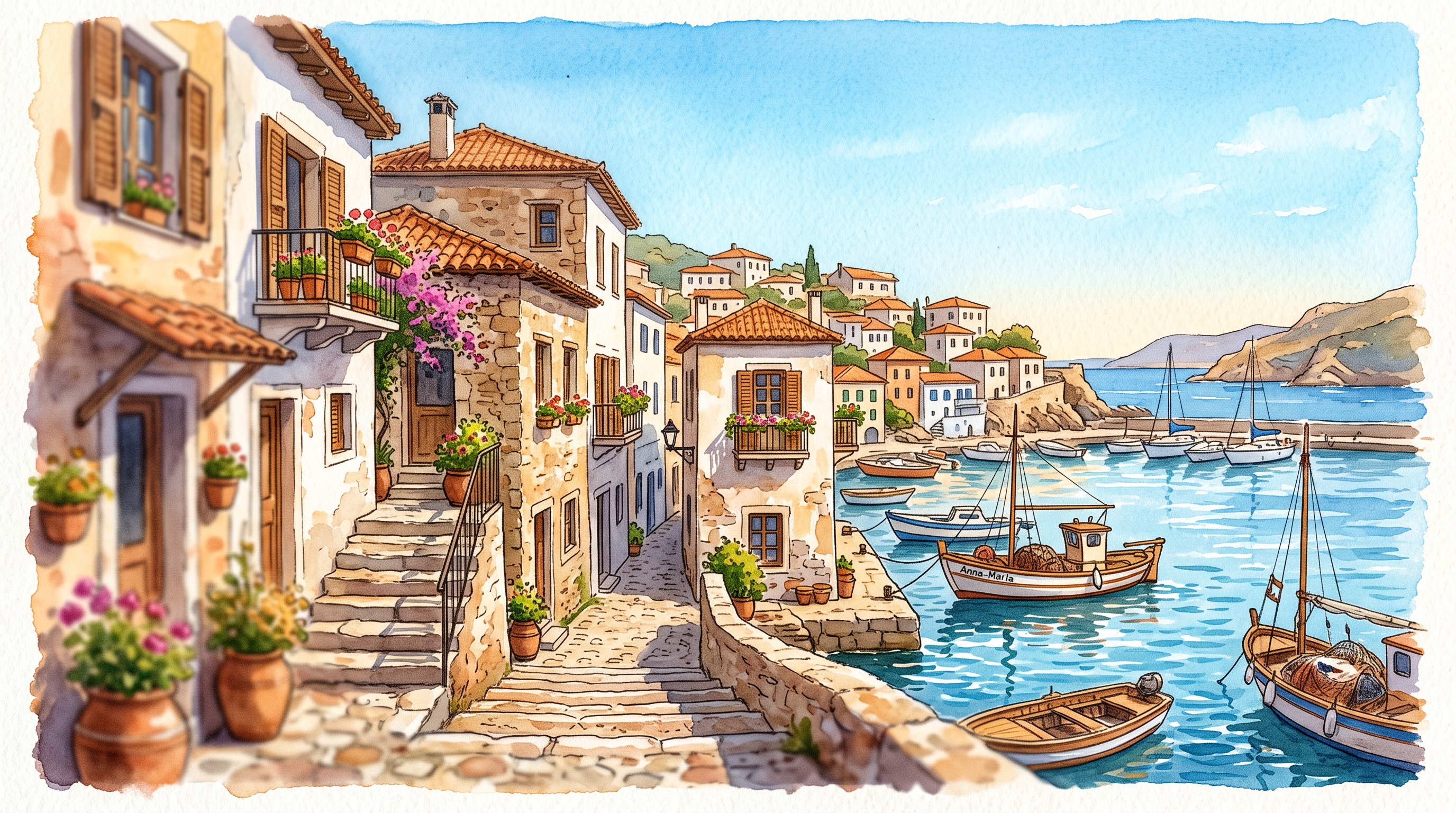 Watercolor illustration of small seaside town under a clear blue summer sky, close-up detail with shallow depth of field, warm golden light, calm mood, 16:9 aspect ratio