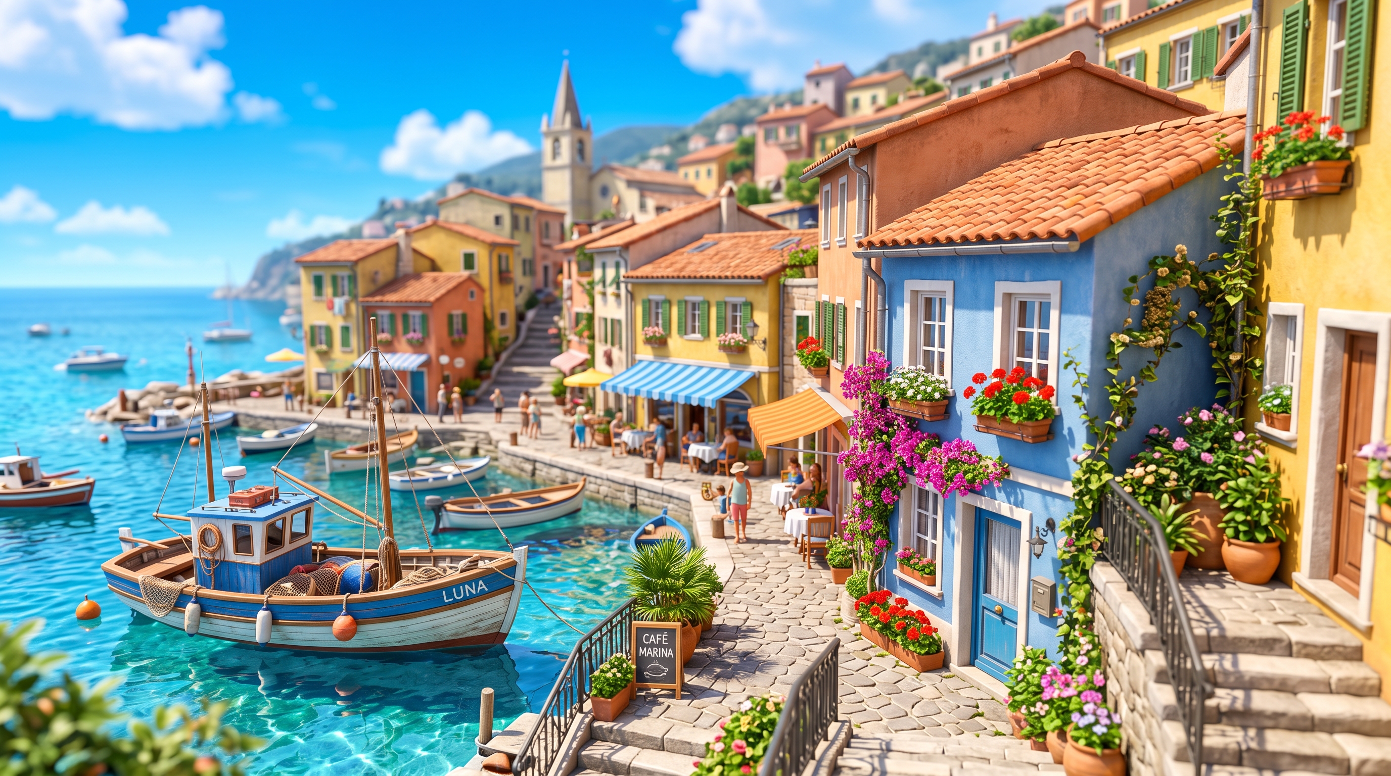 Soft 3d render of small seaside town under a clear blue summer sky, close-up detail with shallow depth of field, vivid colors, high contrast, energetic, 16:9 aspect ratio