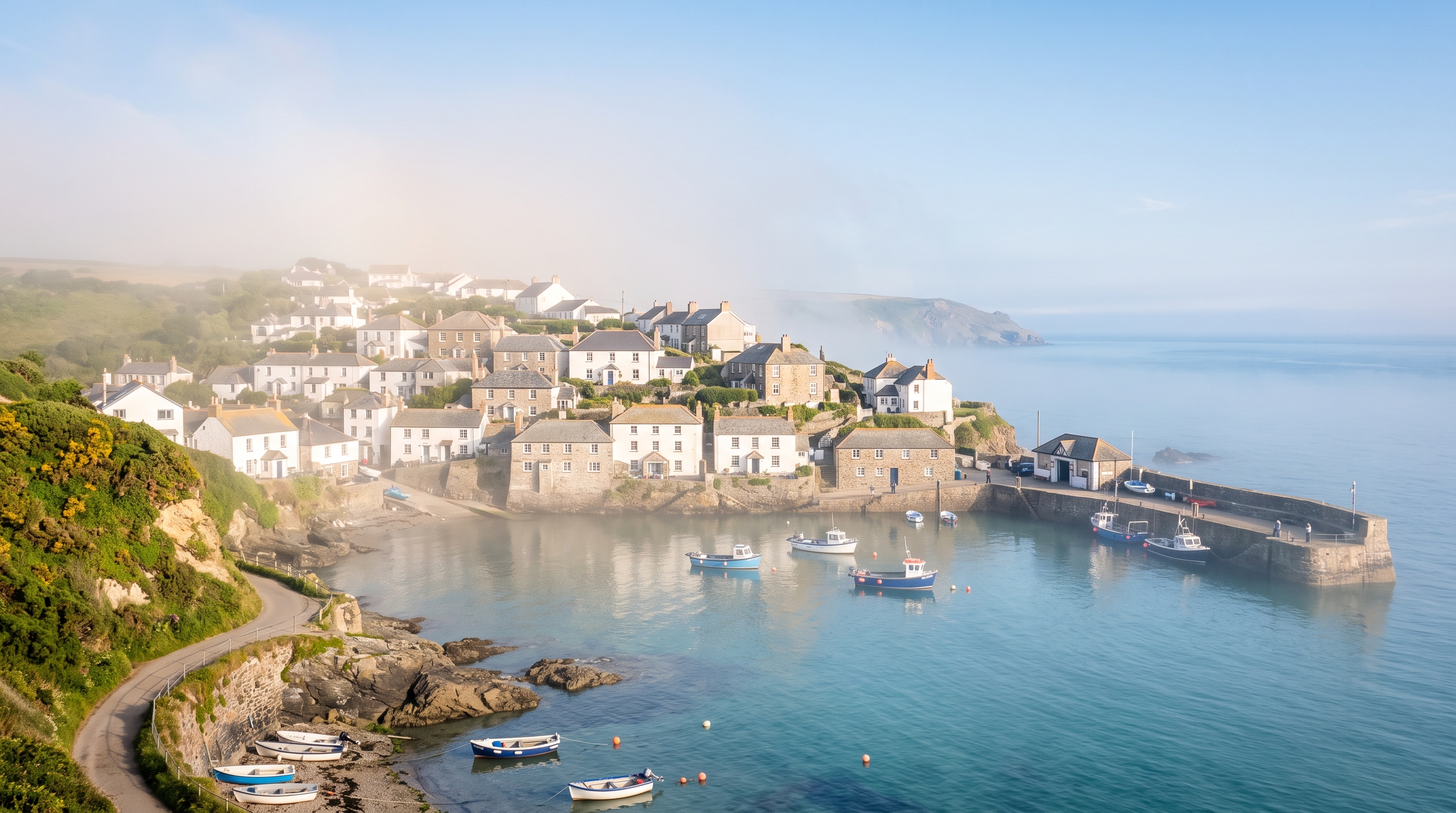 Photorealistic photo of small seaside town under a clear blue summer sky, centered subject with a simple uncluttered composition, misty morning haze, dreamy, 16:9 aspect ratio