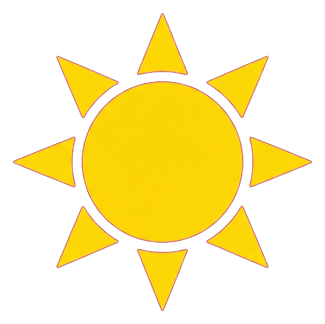 Flat color icon, bold solid colors of a sun weather icon, transparent background PNG