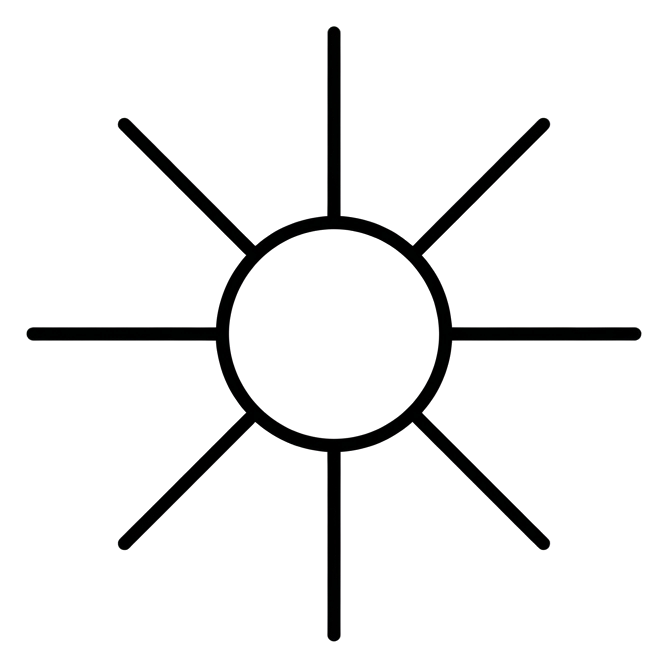 Thin black line icon, minimal outline of a sun weather icon, transparent background PNG