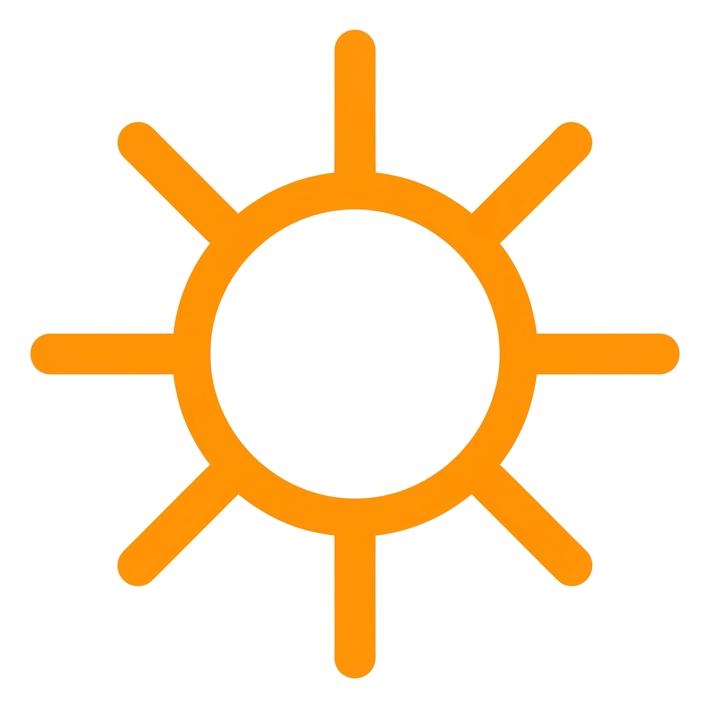 Rounded line icon, thick orange outline of a sun weather icon, transparent background PNG