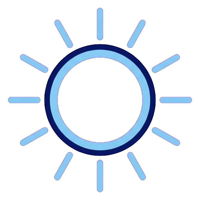 Duotone icon, navy blue and light blue of a sun weather icon, transparent background PNG