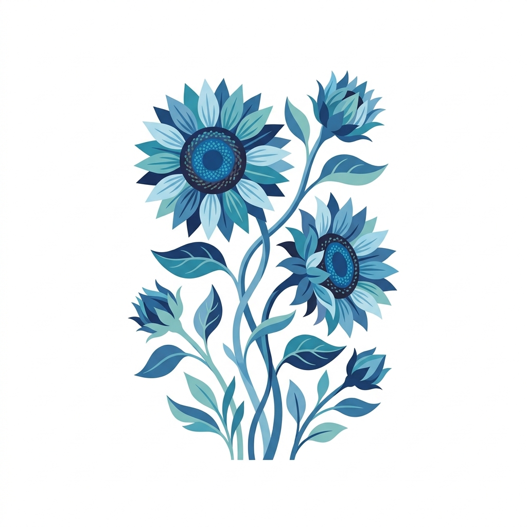 Flat vector illustration on a plain white background of sunflowers, isolated single subject, centered, cool blue tones, quiet atmosphere, 1:1 aspect ratio