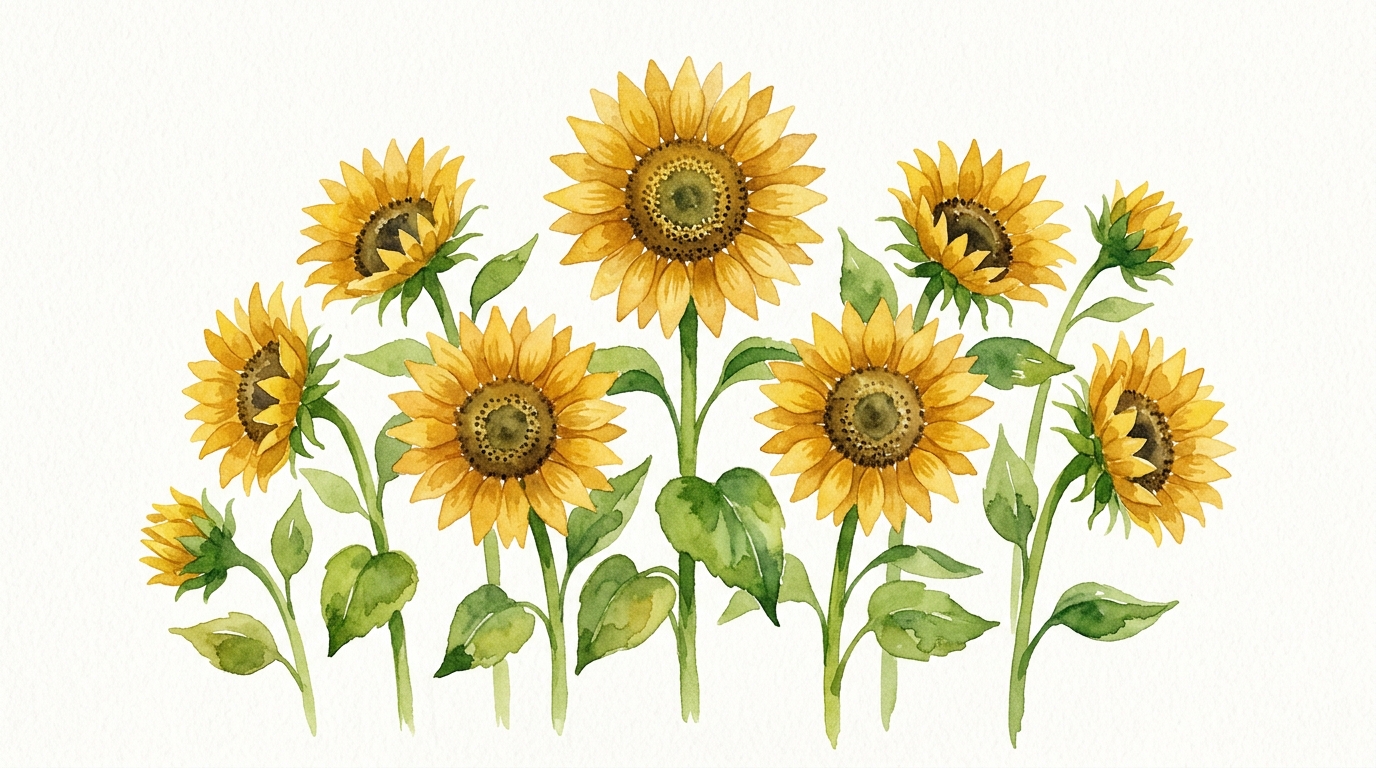 Watercolor illustration on a plain white background of sunflowers, simple icon-like composition, warm golden light, calm mood, 16:9 aspect ratio