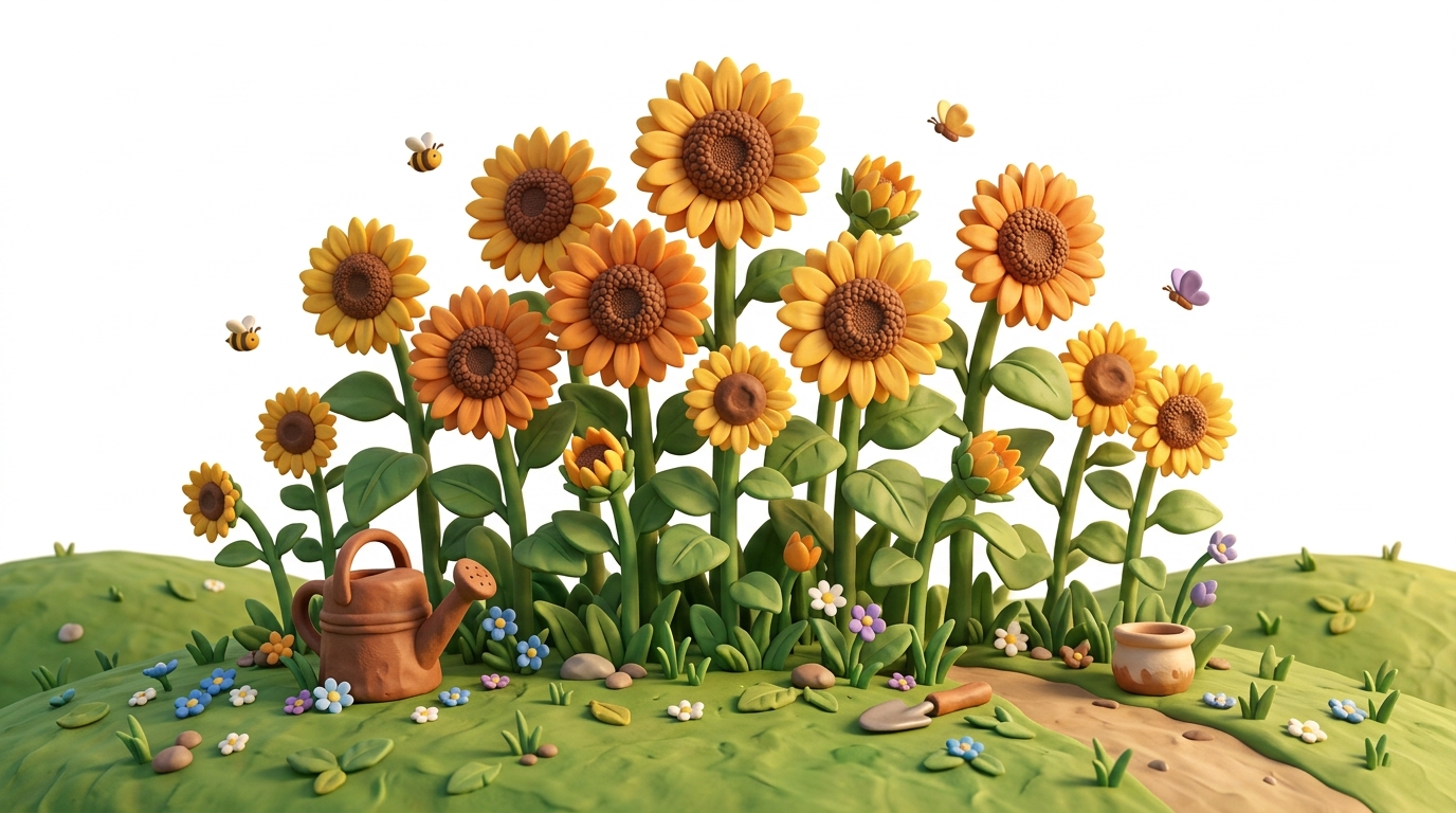 3d clay style illustration on a plain white background of sunflowers, cheerful scene with gentle details, warm golden light, calm mood, 16:9 aspect ratio