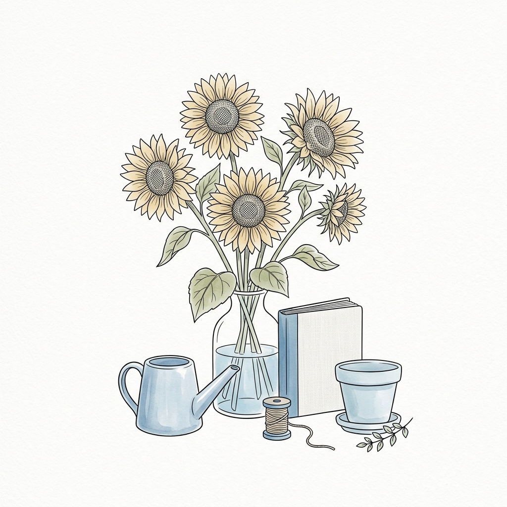 Simple line art with soft colors on a plain white background of sunflowers, small set of several items arranged neatly, cool blue tones, quiet atmosphere, 1:1 aspect ratio