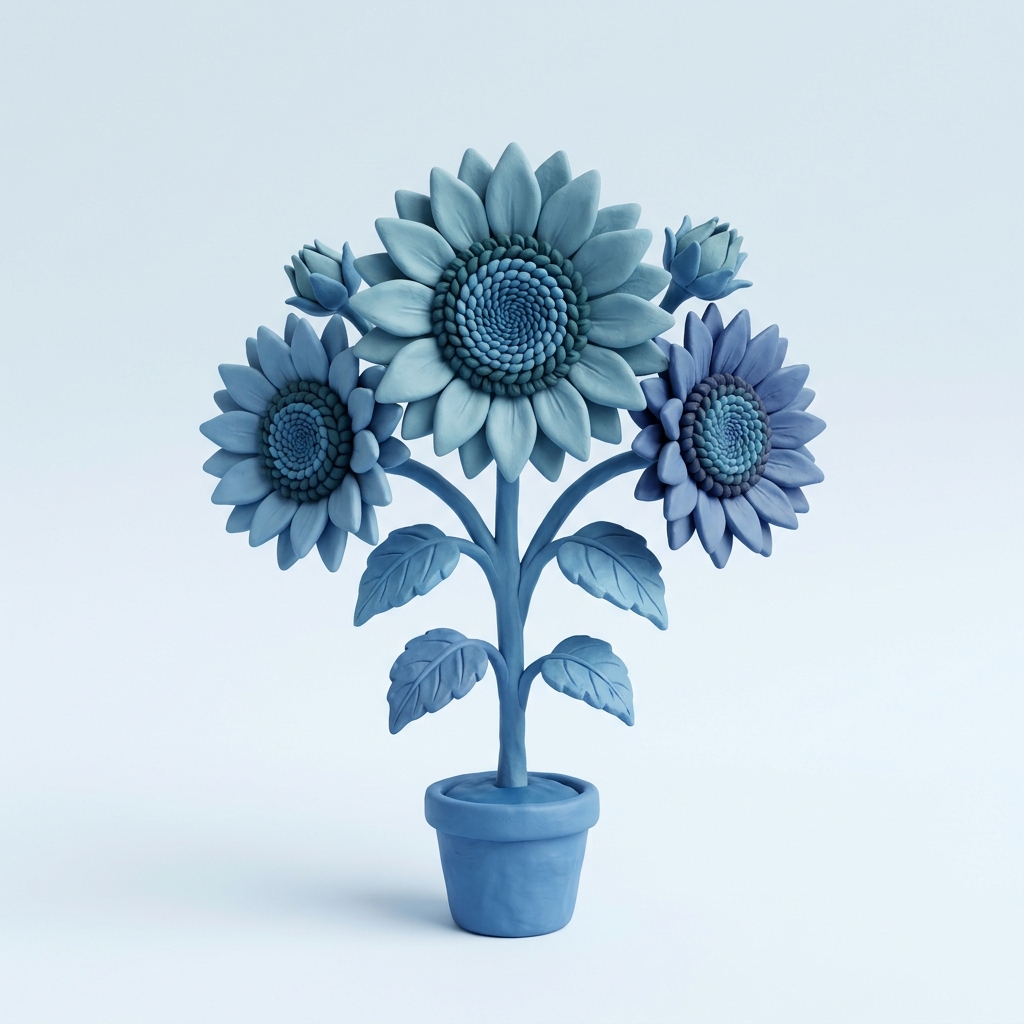 3d clay style illustration on a plain white background of sunflowers, isolated single subject, centered, cool blue tones, quiet atmosphere, 1:1 aspect ratio