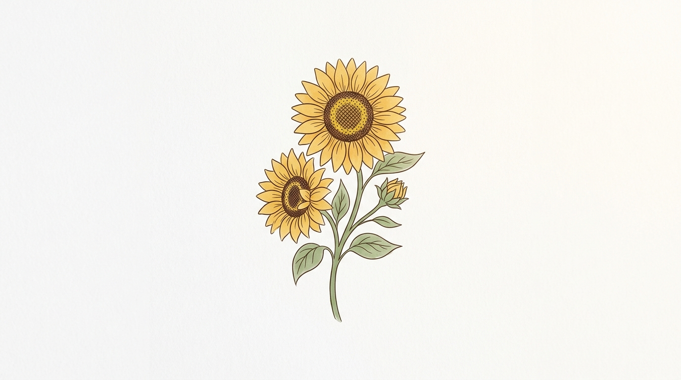 Simple line art with soft colors on a plain white background of sunflowers, isolated single subject, centered, warm golden light, calm mood, 16:9 aspect ratio